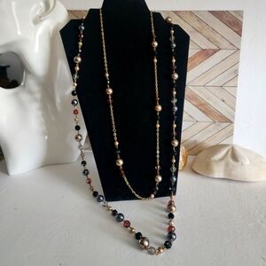 Double Strand Gold Chain Necklace with Crystals and Faux Pearls  New